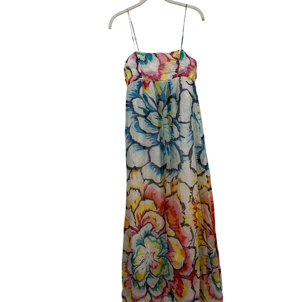Zara Basic 100% Silk Floral Watercolor Maxi Dress Multicolor Spaghetti Strap S